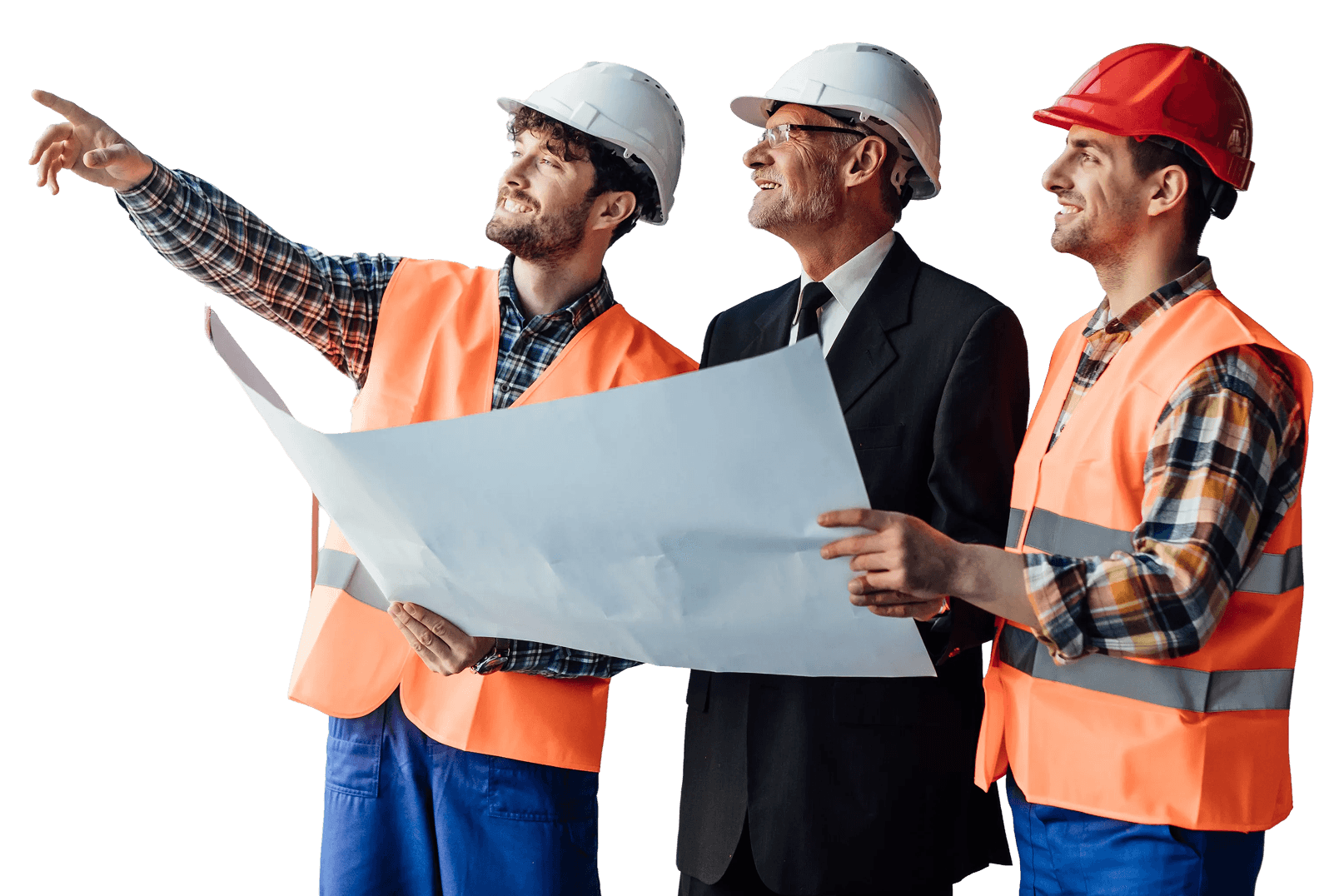 RENEX LLC electricians and a project foreman reviewing plans on site