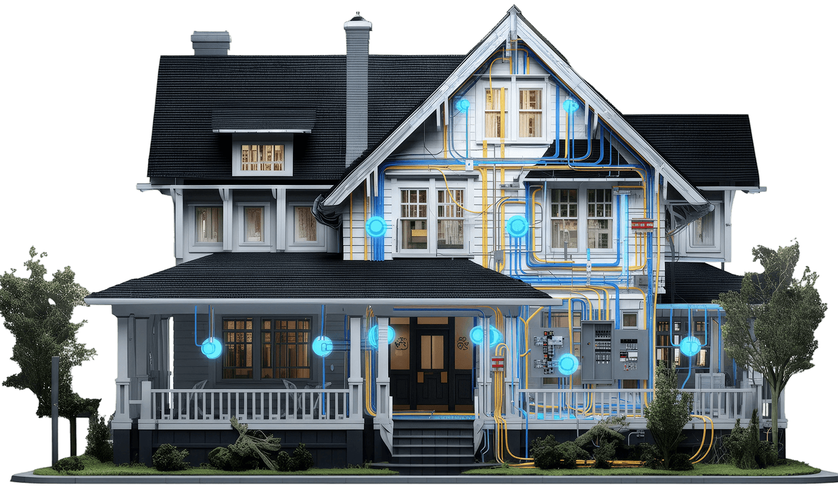 Cutaway of a two-storey home showing its residential electrical wiring and panel.